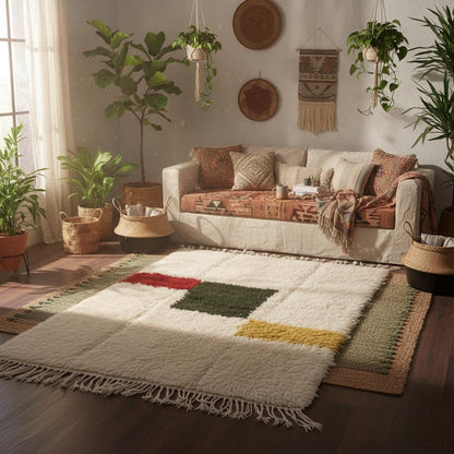 Moroccan Beni Ourain Wool Rug – Ivory Shag with Abstract Color Blocks