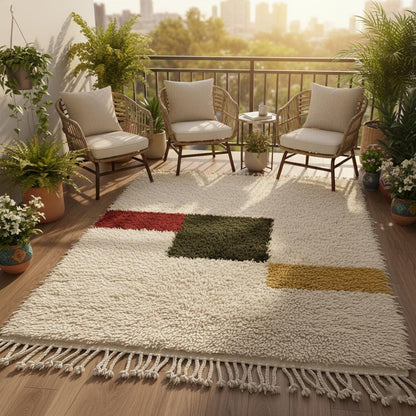 Lifestyle photo of the wool shag rug styled in a minimalist living room setting with Mid-Century Modern furniture for buyer intent.