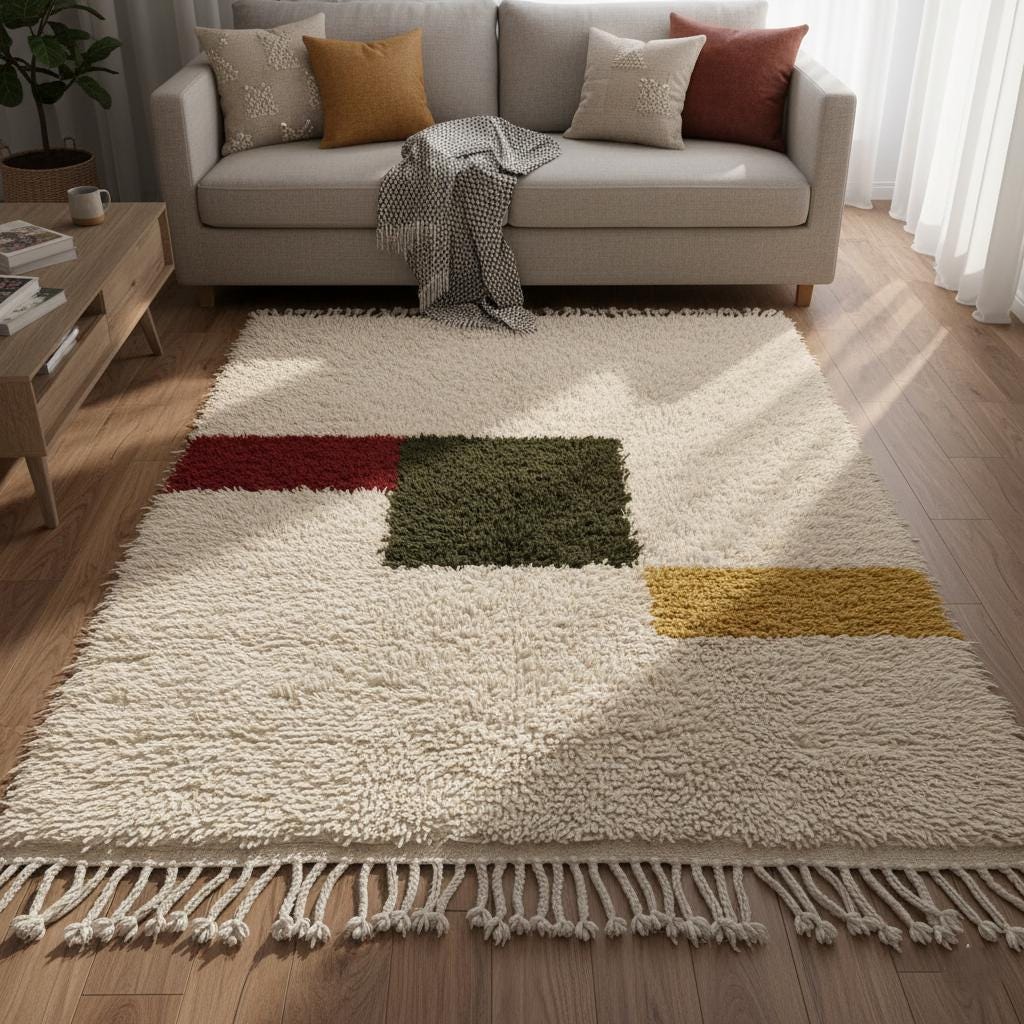 Detail of the rug's fringe and edges, emphasizing the authentic, natural finish of this handmade artisan wool carpet.