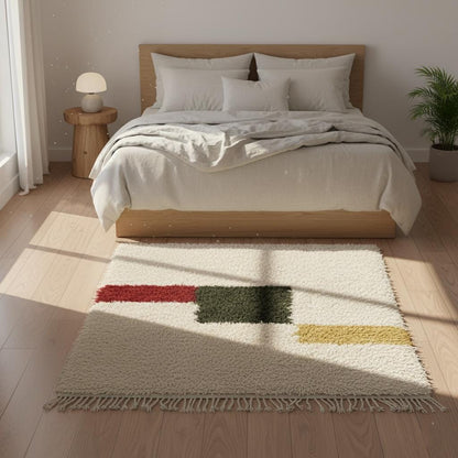 Overhead view of the ivory and color block design, perfect for a cozy nursery or bedroom decor.