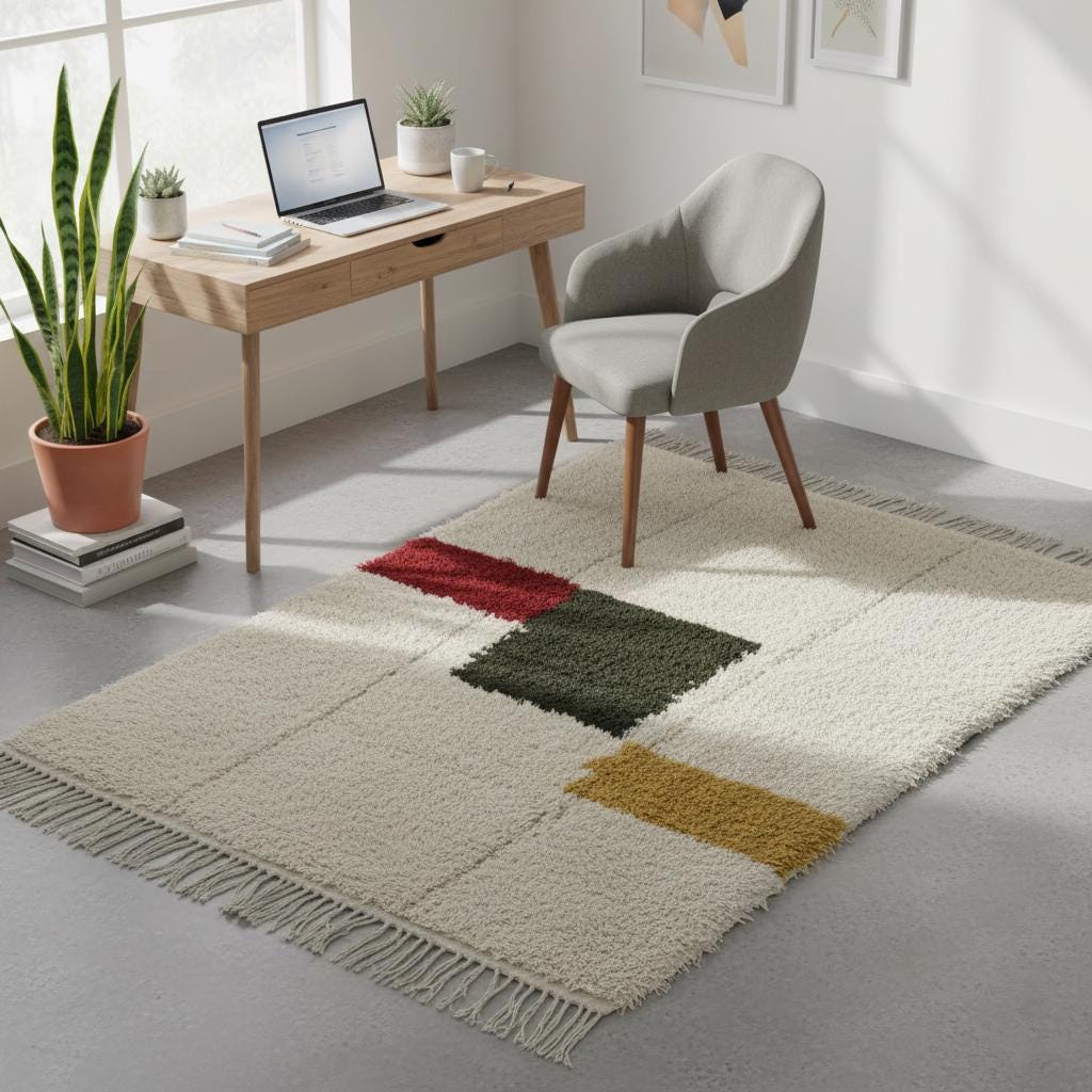 Moroccan Beni Ourain Wool Rug – Ivory Shag with Abstract Color Blocks