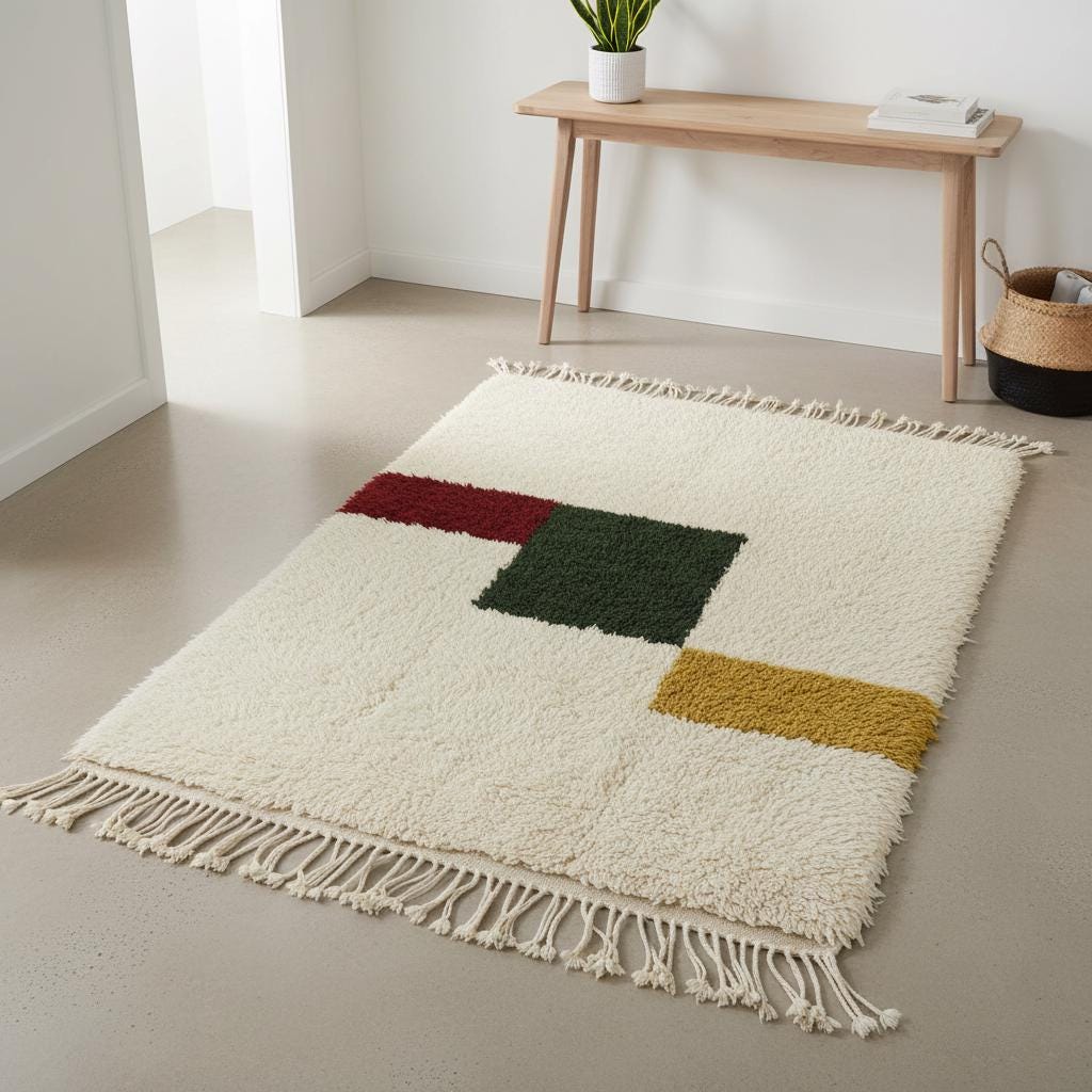 Moroccan Beni Ourain Wool Rug – Ivory Shag with Abstract Color Blocks