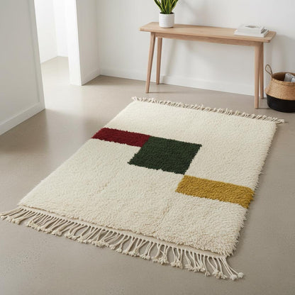Moroccan Beni Ourain Wool Rug – Ivory Shag with Abstract Color Blocks
