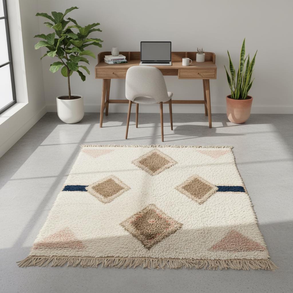 Moroccan Diamond Wool Rug, Boho Chic Cream Taupe Navy, 9x12