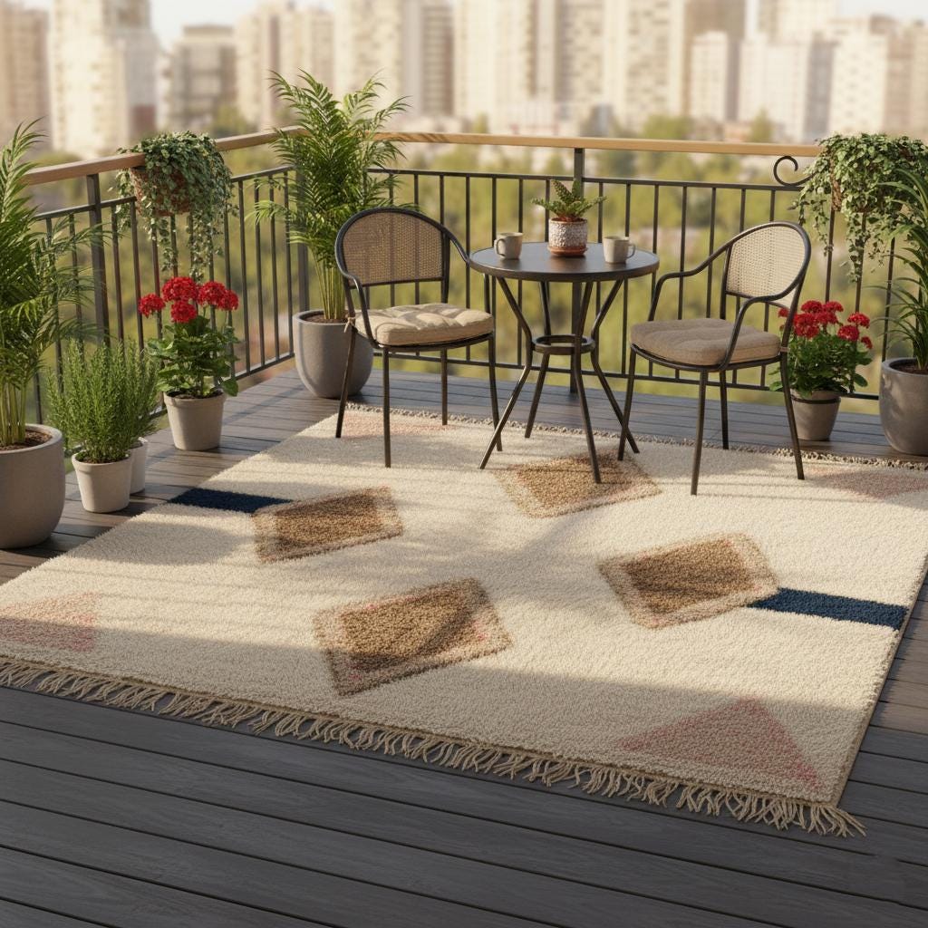 Large wool pile area rug in cream, taupe and navy featuring symmetrical diamond motif – modern Moroccan inspired décor.