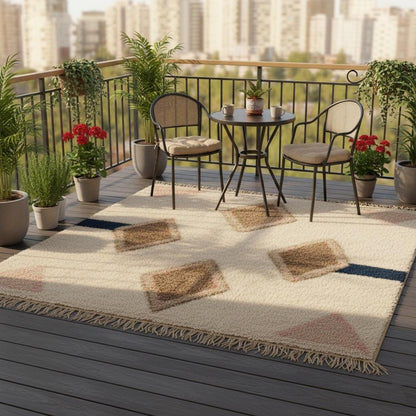 Large wool pile area rug in cream, taupe and navy featuring symmetrical diamond motif – modern Moroccan inspired décor.