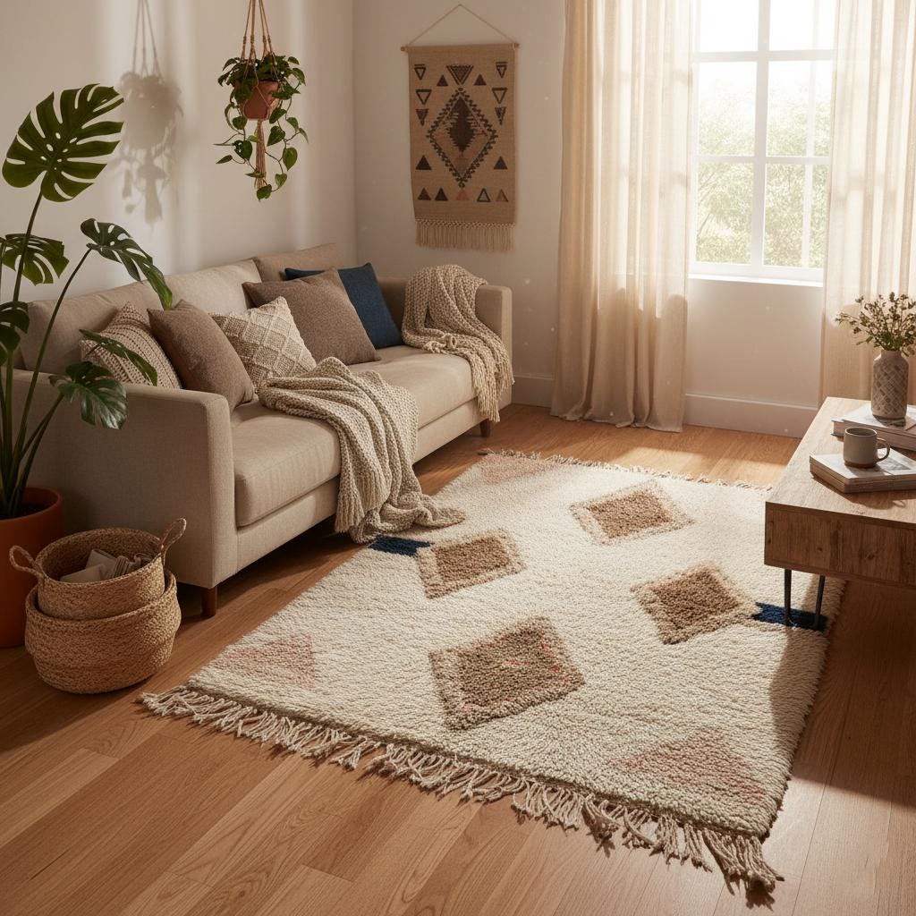 Boho chic wool rug for housewarming – cream base with taupe diamond pattern and navy accent stripe.
