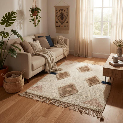 Boho chic wool rug for housewarming – cream base with taupe diamond pattern and navy accent stripe.