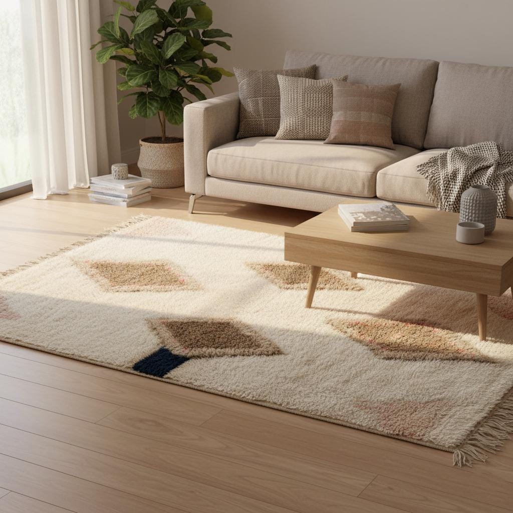 Stylish living room area rug, wool pile, symmetrical diamond motif in cream/taupe/navy – home décor staple.