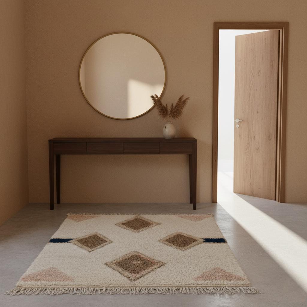 Premium wool area rug, modern Moroccan diamond design, cream background, taupe diamonds, navy stripe – perfect for boho or minimalist interiors.