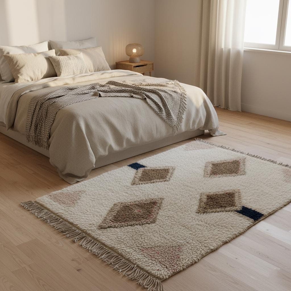 Moroccan Diamond Wool Rug, Boho Chic Cream Taupe Navy, 9x12