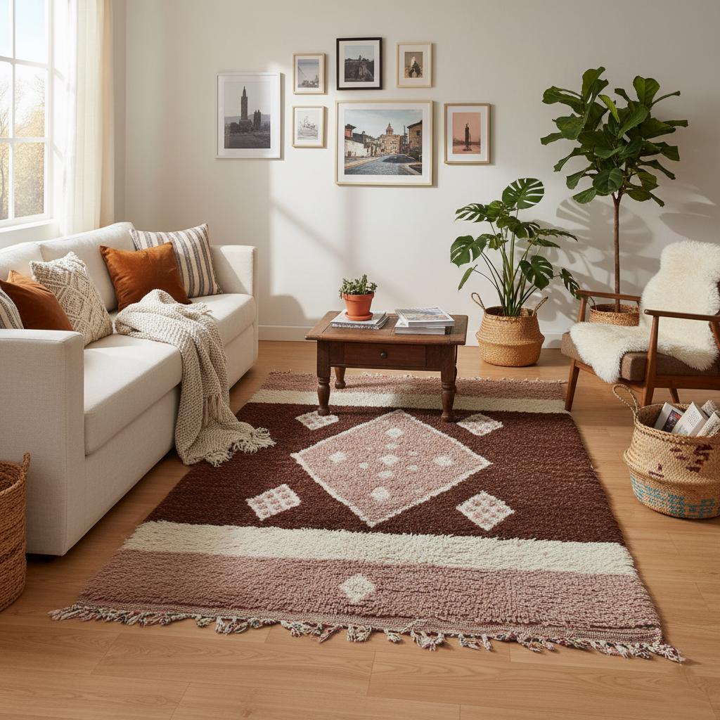Moroccan Diamond Wool Rug – Ivory Beige High-Pile Boho Area Carpet