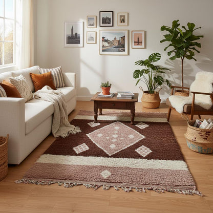 Moroccan Diamond Wool Rug – Ivory Beige High-Pile Boho Area Carpet