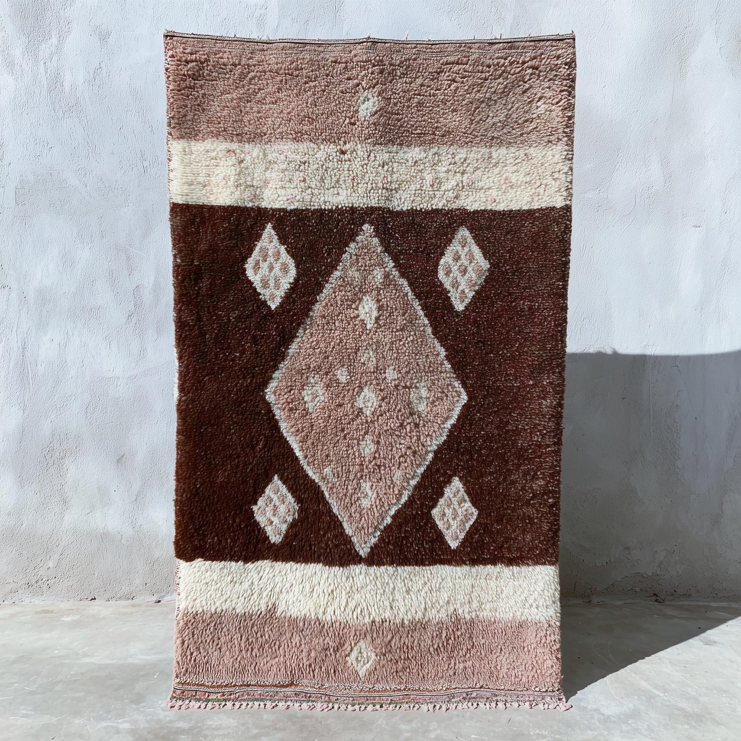 Ivory beige Moroccan diamond wool rug with high-pile texture and boho-chic diamond pattern