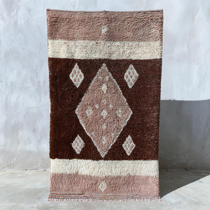 Ivory beige Moroccan diamond wool rug with high-pile texture and boho-chic diamond pattern