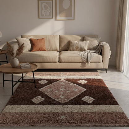 Ivory & beige neutral boho accent rug with diamond motif, plush high pile wool finish — ideal for living room, bedroom or home décor gift