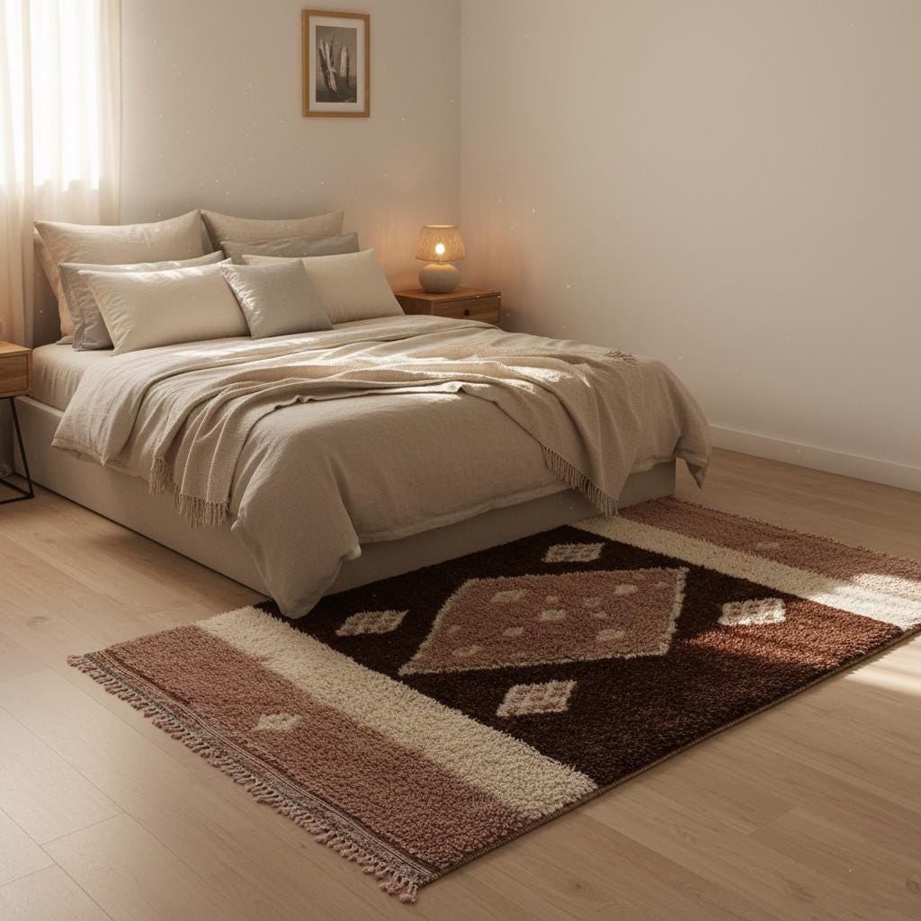 Neutral designer rug—ivory and beige high pile wool with diamond pattern and boho chic styling—perfect for minimalist or Scandi home décor.
