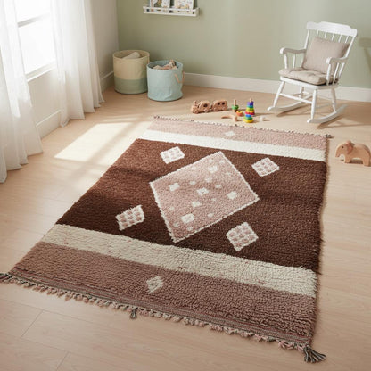 Boho accent carpet wool rug in warm ivory, beige and brown with diamond graphic, modern Moroccan inspired design for living space.