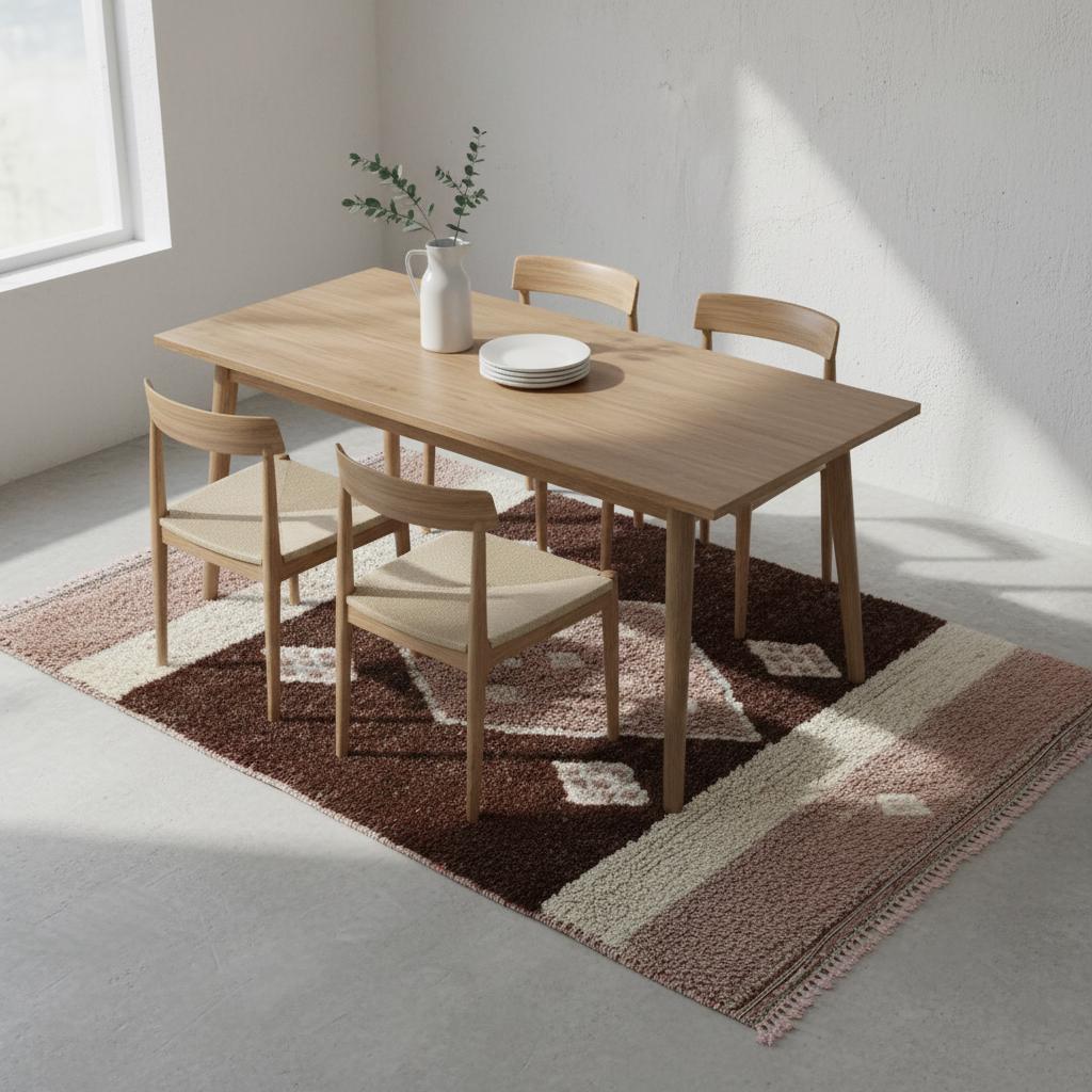 High-pile wool rug in ivory and beige palette with soft blush and brown diamond motif, ideal for home décor lovers seeking neutral statement piece.