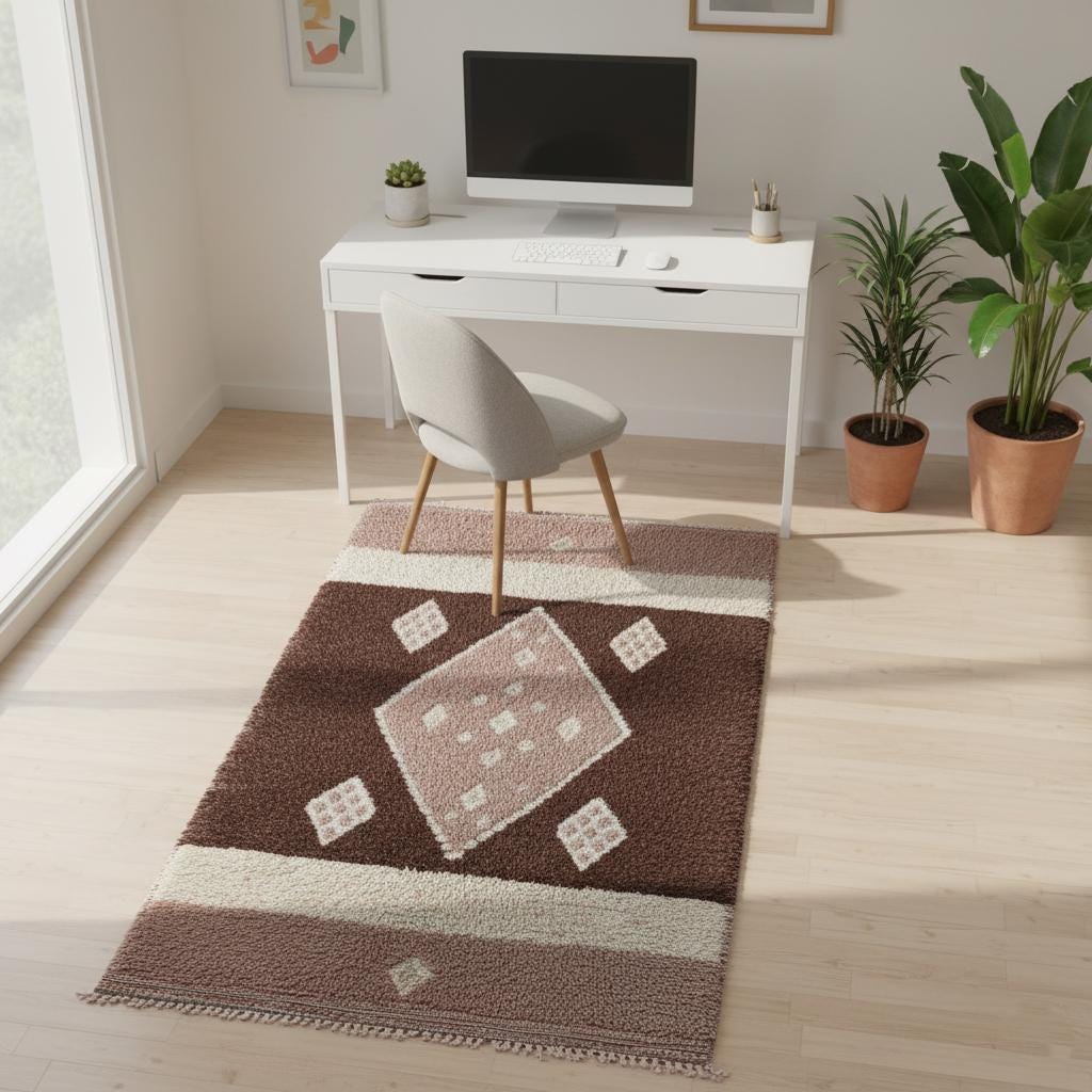 Moroccan Diamond Wool Rug – Ivory Beige High-Pile Boho Area Carpet
