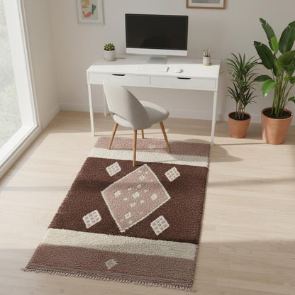 Moroccan Diamond Wool Rug – Ivory Beige High-Pile Boho Area Carpet