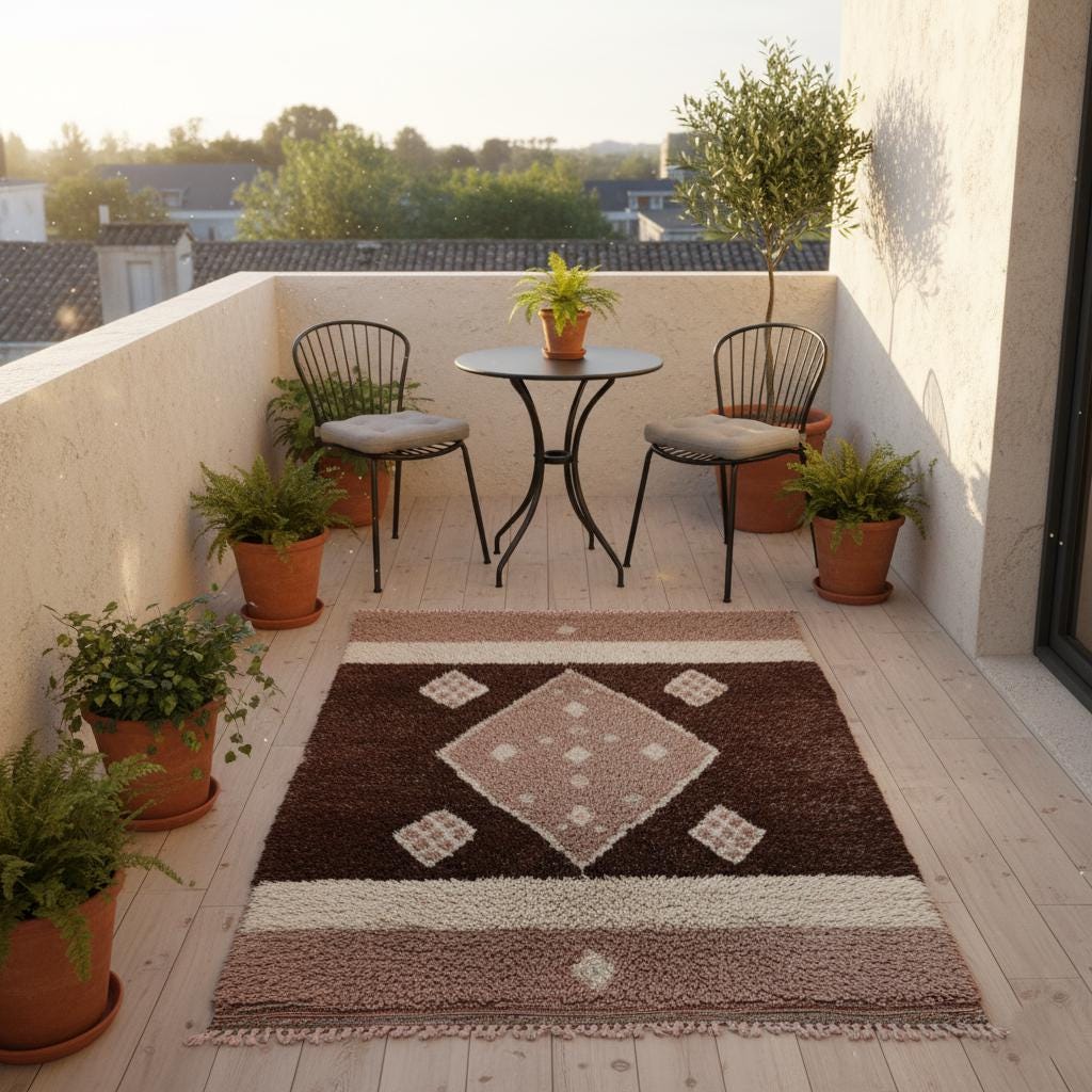 Moroccan Diamond Wool Rug – Ivory Beige High-Pile Boho Area Carpet