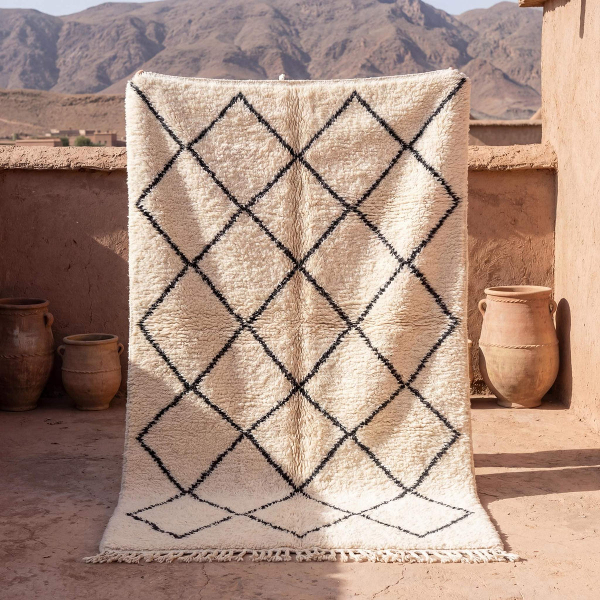 Ivory Moroccan geometric diamond rug with charcoal tribal pattern and textured surface for living room decor