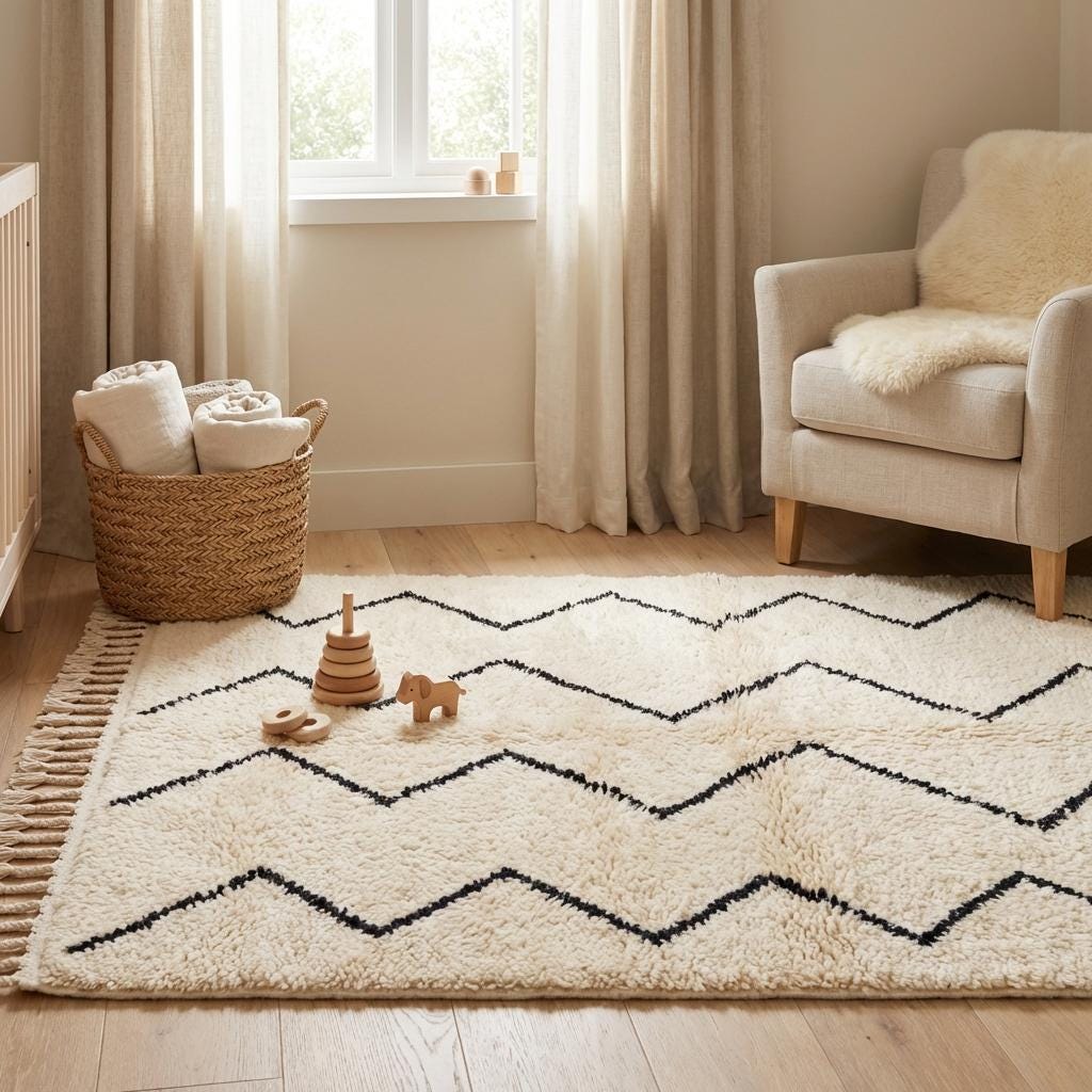 Moroccan Geometric Rug, Ivory Berber Zigzag Pattern Rug, Neutral Boho Textured Rug with Black Tribal Lines