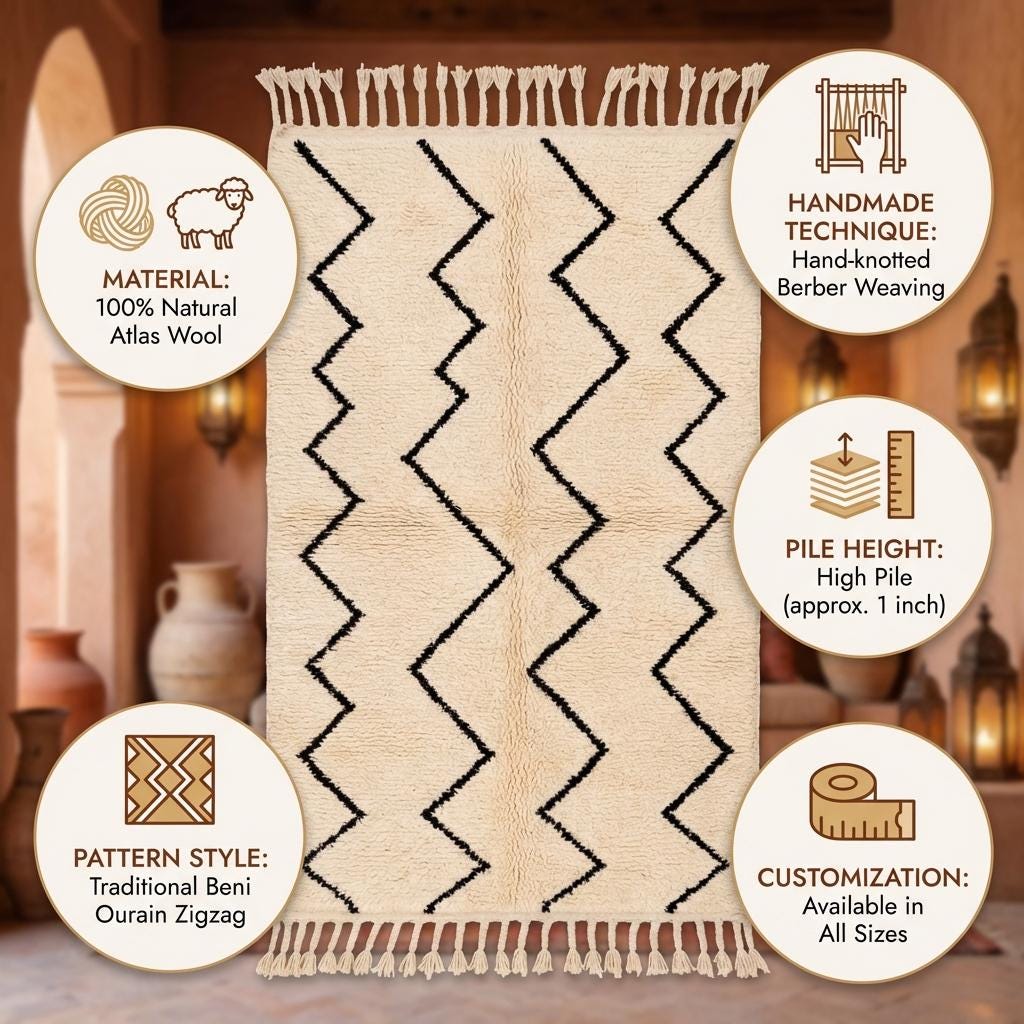 Moroccan Geometric Rug, Ivory Berber Zigzag Pattern Rug, Neutral Boho Textured Rug with Black Tribal Lines