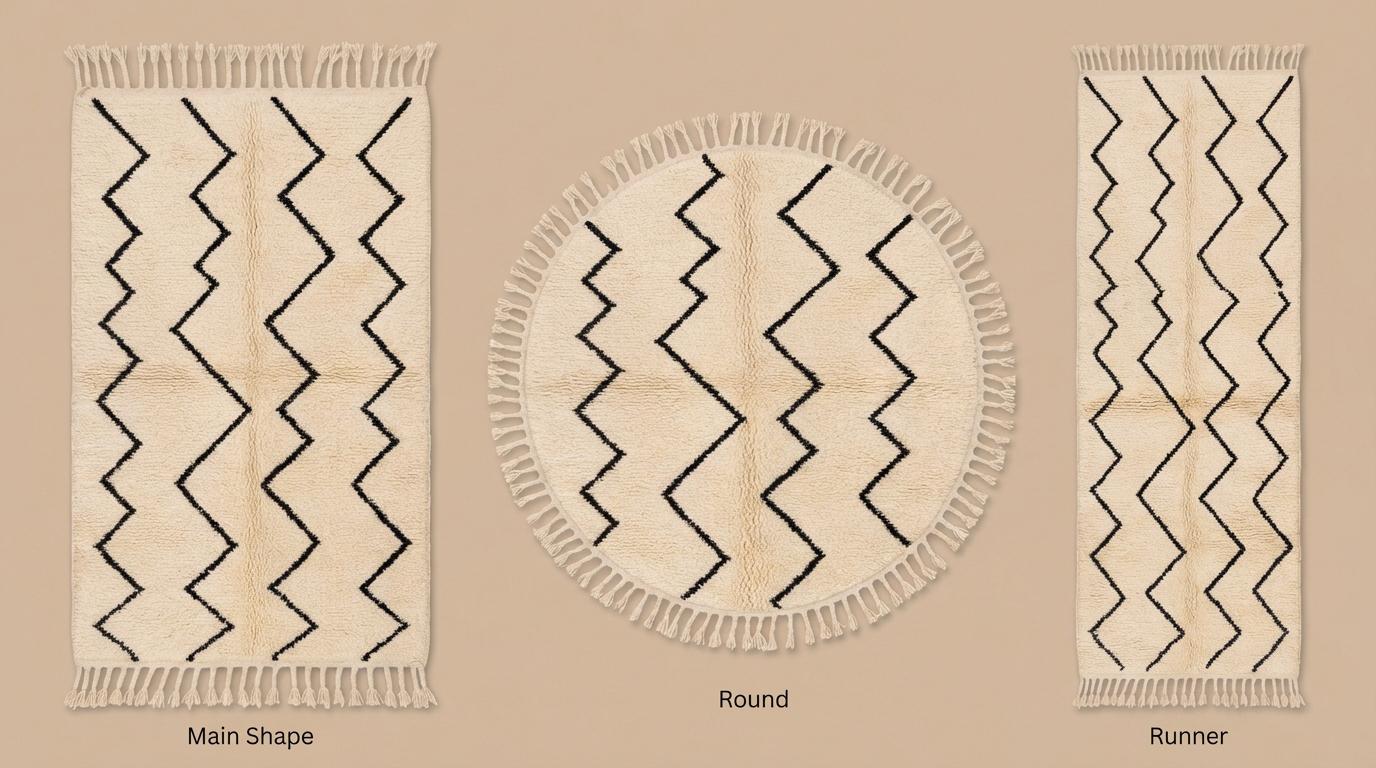 Moroccan Geometric Rug, Ivory Berber Zigzag Pattern Rug, Neutral Boho Textured Rug with Black Tribal Lines