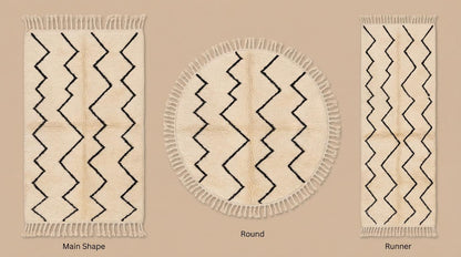 Moroccan Geometric Rug, Ivory Berber Zigzag Pattern Rug, Neutral Boho Textured Rug with Black Tribal Lines