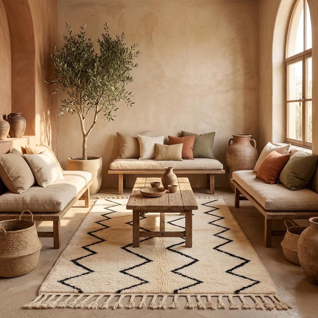 Plush textured ivory rug with black tribal zigzag lines