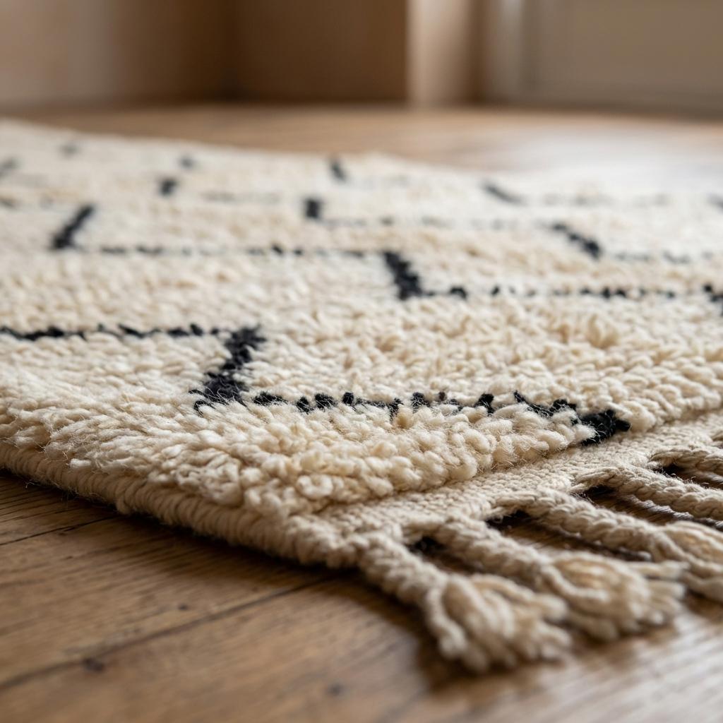 Fringe edge detail of neutral Berber style rug