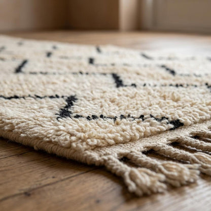 Fringe edge detail of neutral Berber style rug