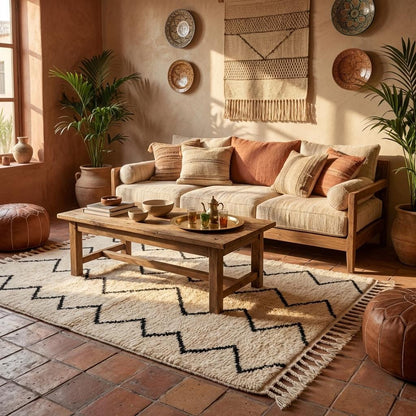 Moroccan inspired rug styled in desert terrace setting