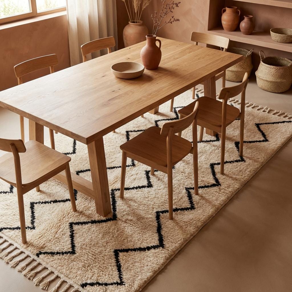 Moroccan Geometric Rug, Ivory Berber Zigzag Pattern Rug, Neutral Boho Textured Rug with Black Tribal Lines