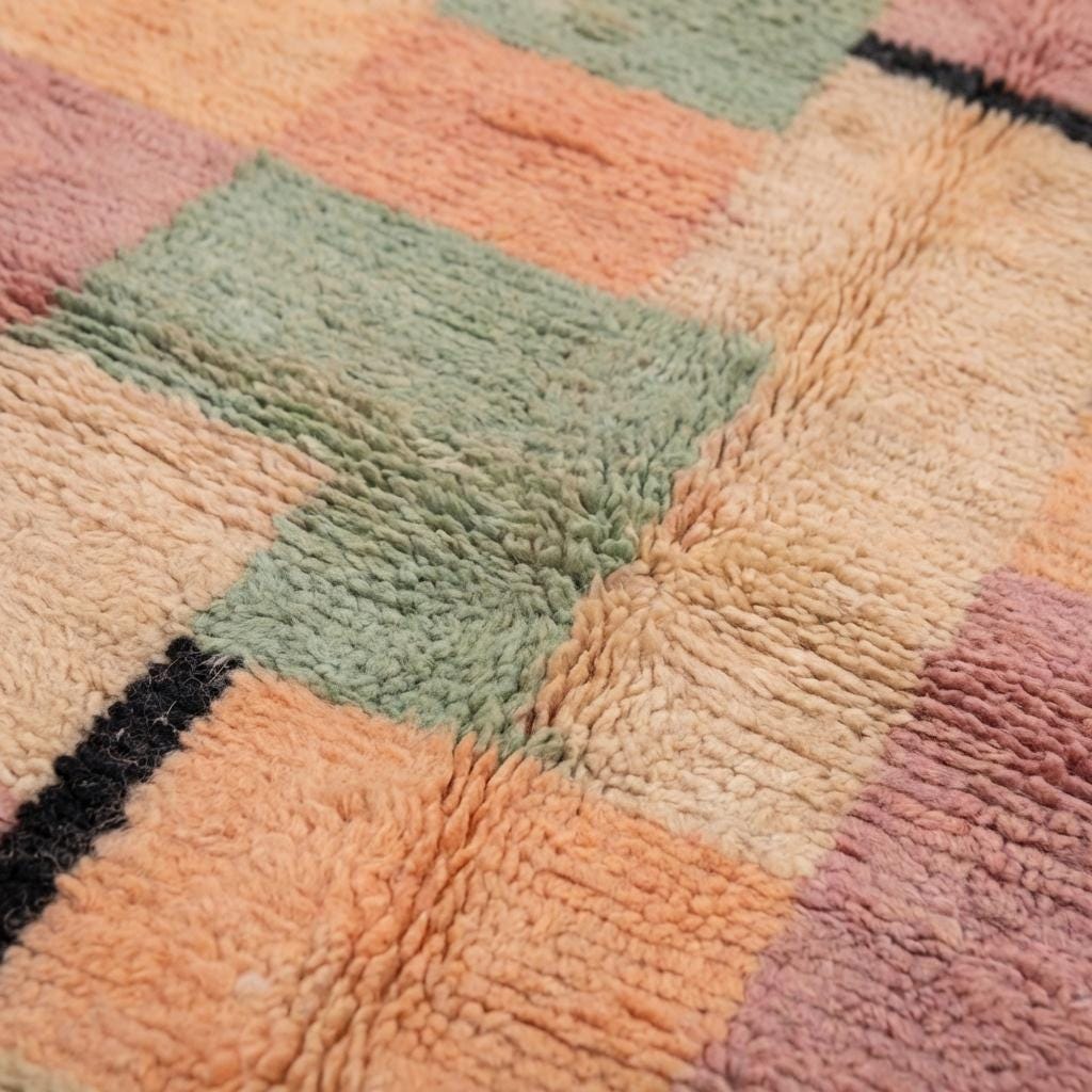 Moroccan Geometric Rug, Peach and Sage Block Pattern Boho Rug, Textured Tribal Style Area Rug