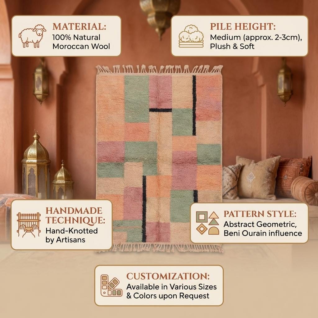 Moroccan Geometric Rug, Peach and Sage Block Pattern Boho Rug, Textured Tribal Style Area Rug