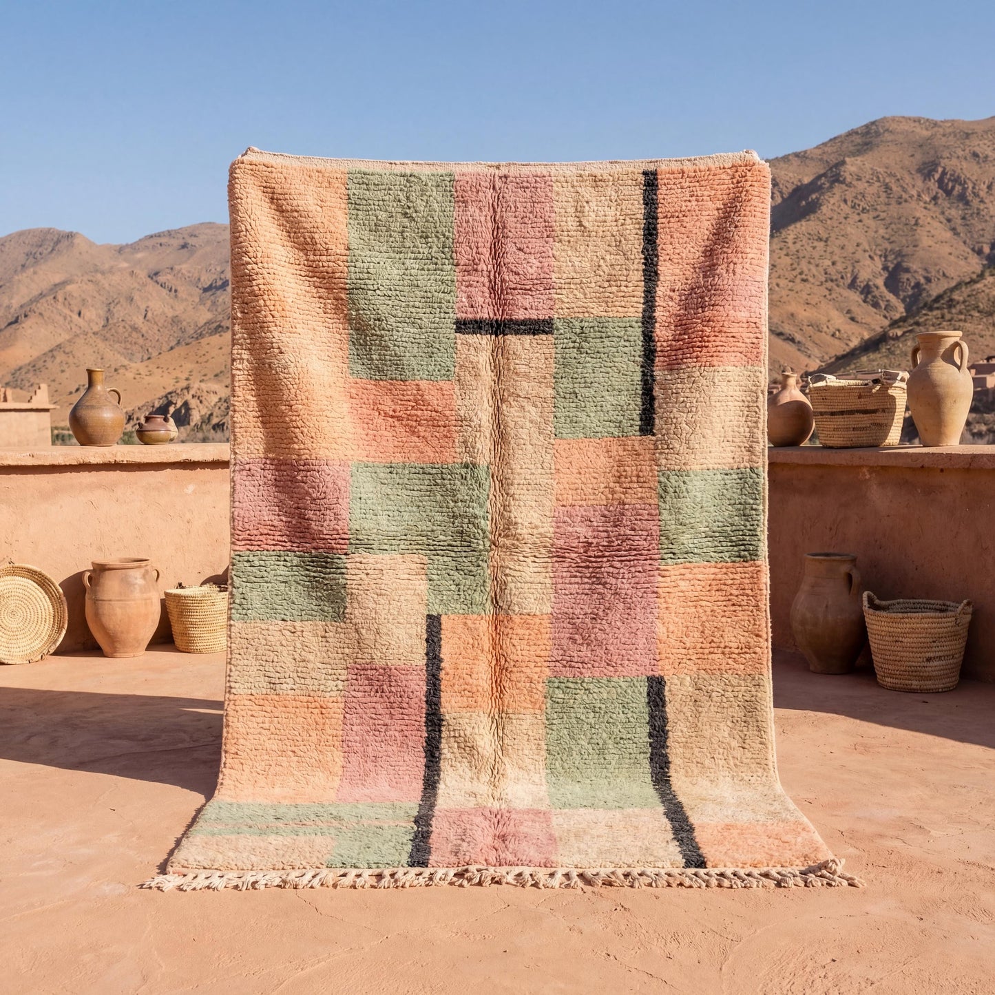 Moroccan geometric rug with peach, sage, and cream block pattern in textured boho style