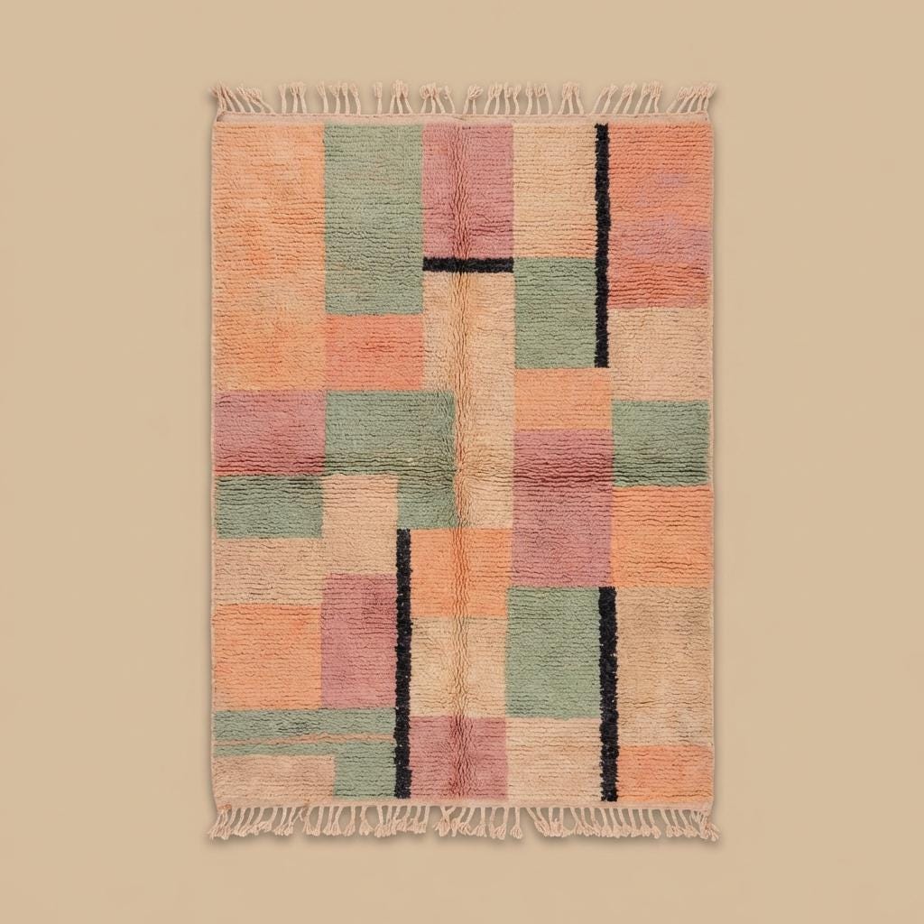 Full view of geometric boho rug with muted black line accents