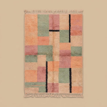 Full view of geometric boho rug with muted black line accents