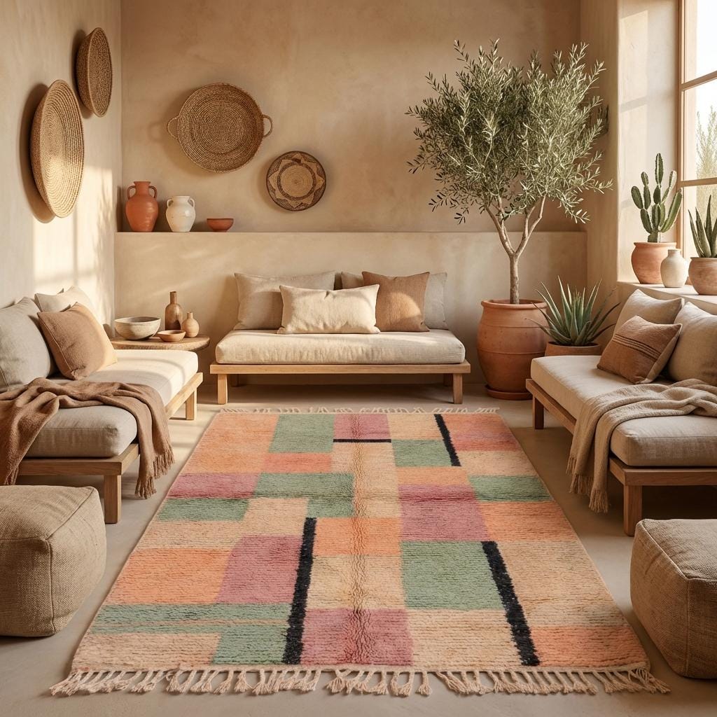 Plush textured boho rug with abstract geometric design and fringe edge