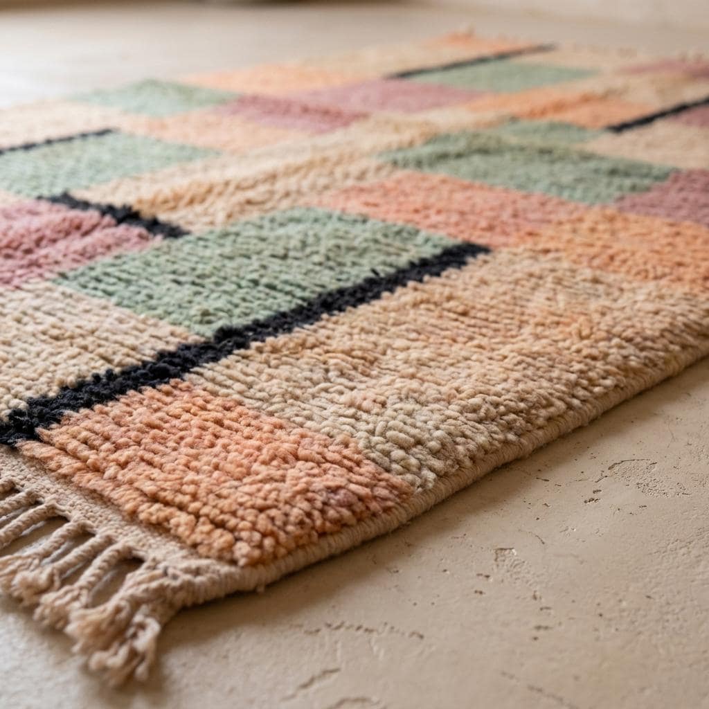 Detail of rug fringe edge and textured woven surface
