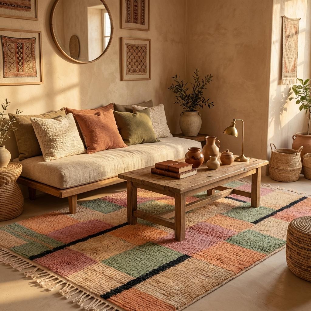 Moroccan Geometric Rug, Peach and Sage Block Pattern Boho Rug, Textured Tribal Style Area Rug