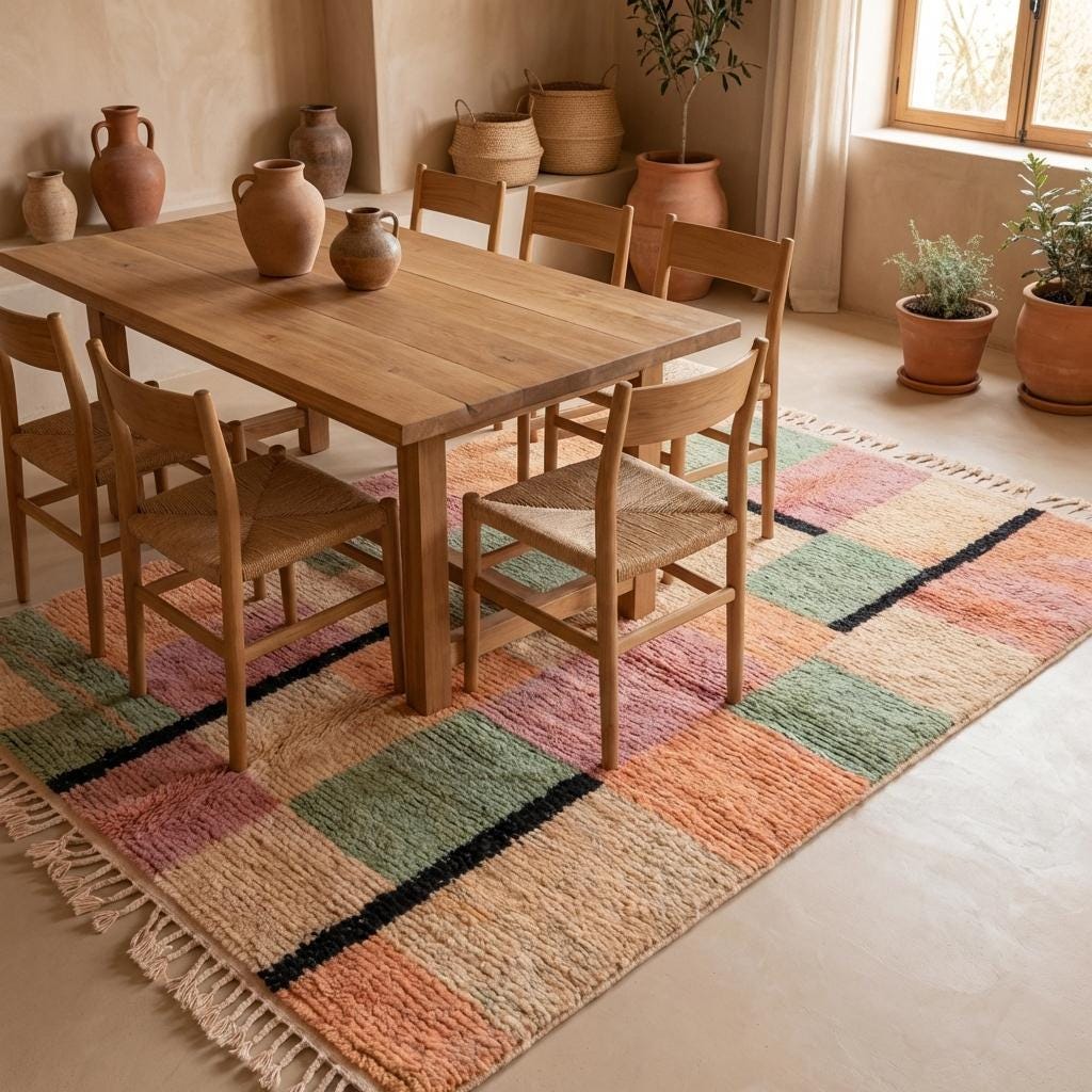 Moroccan Geometric Rug, Peach and Sage Block Pattern Boho Rug, Textured Tribal Style Area Rug
