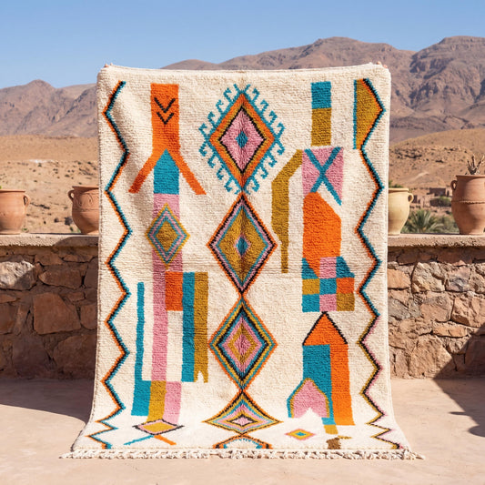 Ivory Moroccan hand knotted rug with colorful geometric diamond tribal pattern and decorative fringe edges