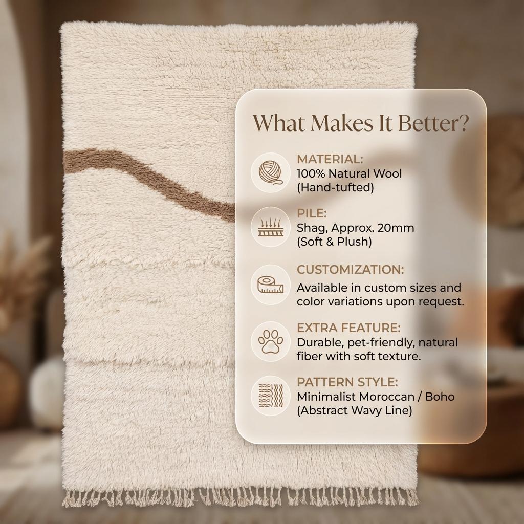 Cream Moroccan shag rug with high pile and wavy taupe Berber design