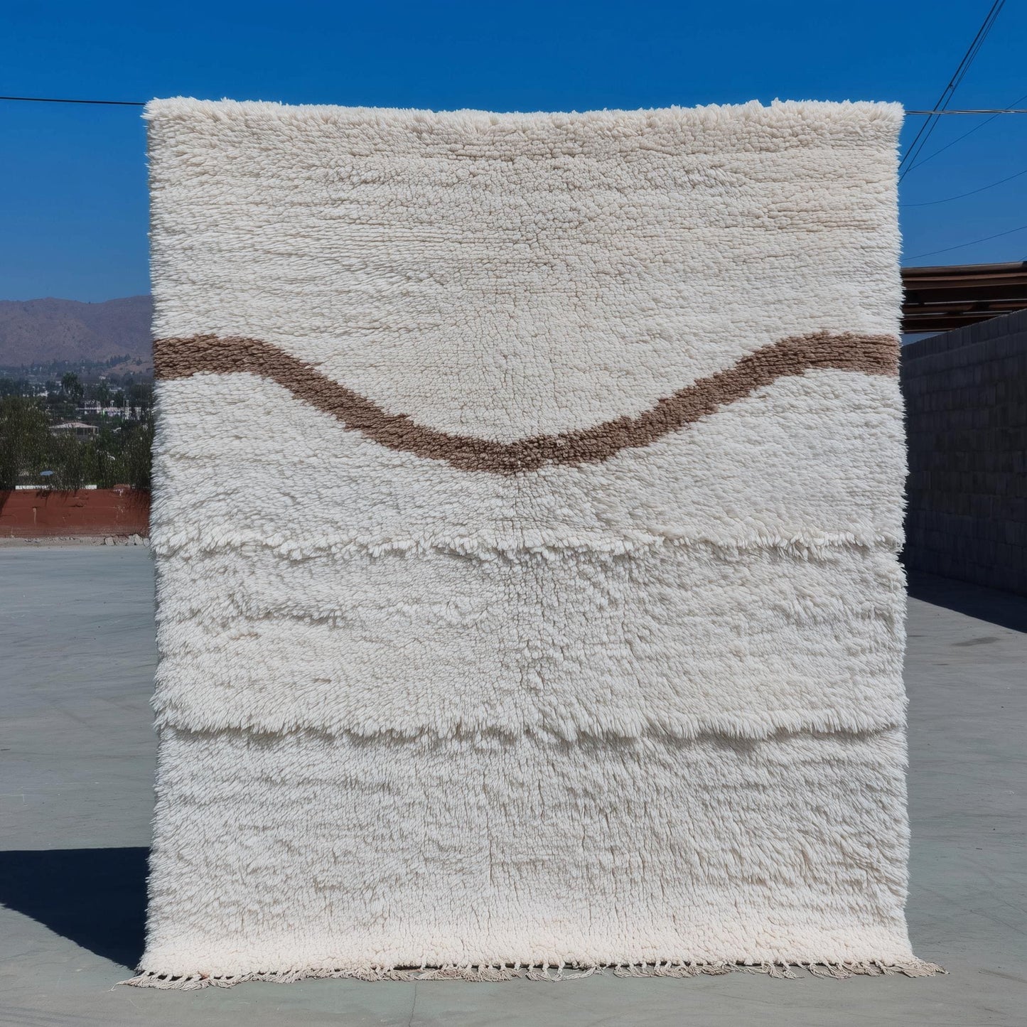 Cream Moroccan shag rug with high pile and wavy taupe Berber design
