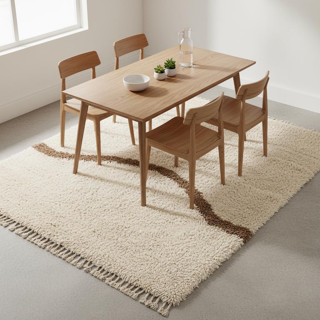 Cream Moroccan shag rug with high pile and minimalist wavy Berber design