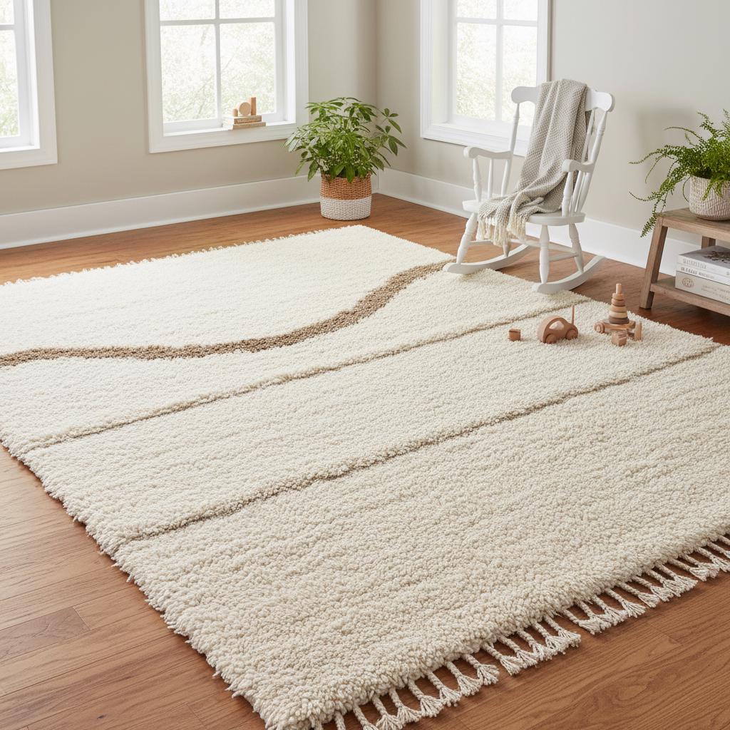 Cream Moroccan shag rug with high pile and wavy taupe Berber design for cozy minimalist interiors